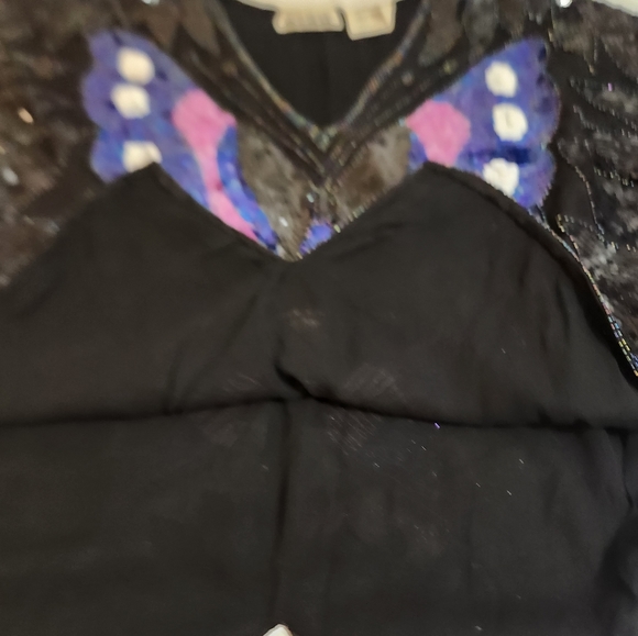 Vintage Sho Max Sequin Butterfly Blouse Black with Pink and Blue Size Small - Picture 8 of 11